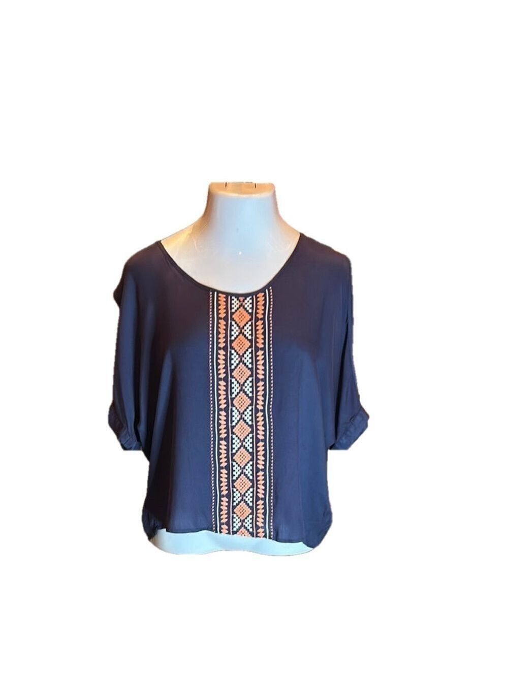HARPER Navy Blue Rayon Blouse with Coral Geometric Print Size M